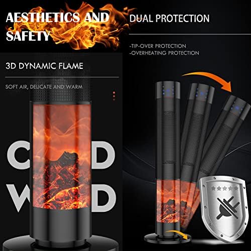 Ceramic Tower Heater with 3D Flame and Remote Control