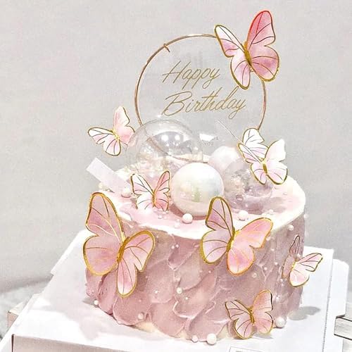 Pink Butterfly Cake Toppers 11pcs Happy Birthday Decorations