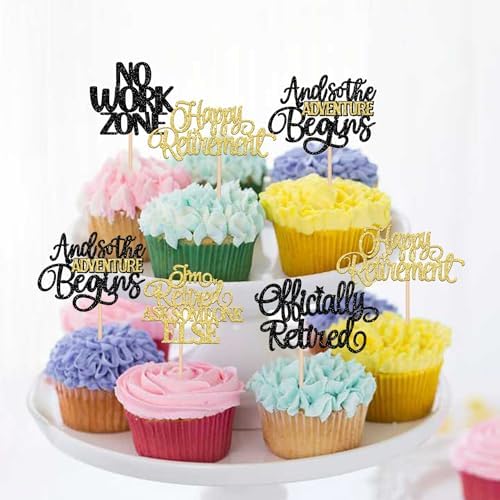 30 PCS Black Gold Happy Retirement Cupcake Toppers