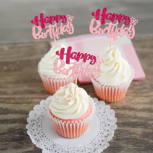 Ephlyn 24Pcs Happy Birthday Glitter Cupcake Toppers
