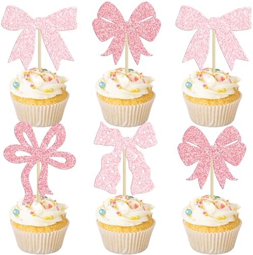 Ephlyn 24Pcs Pink Bow Cupcake Toppers for Birthday Parties