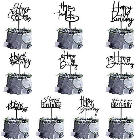 10 PCS Black Birthday Cake Toppers Acrylic Cupcake Decorations