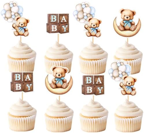 Cyodoos 36PCS Baby Bear Cupcake Toppers Blue