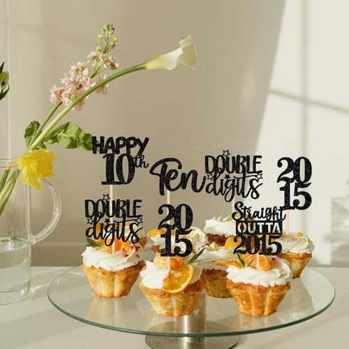 30PCS Black 10th Birthday Cupcake Toppers Glitter