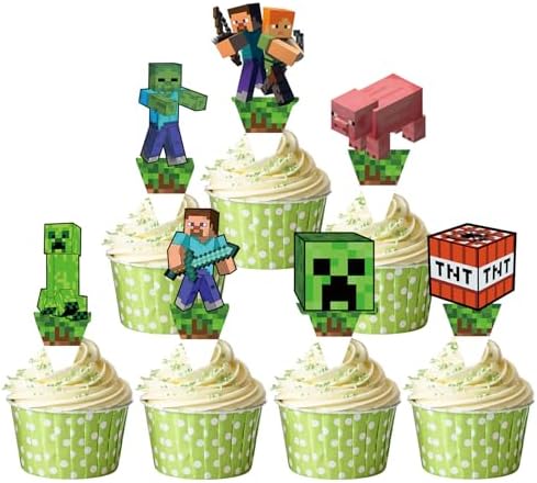 Pixel Style Cupcake Toppers for Kids Birthday Party Decorations