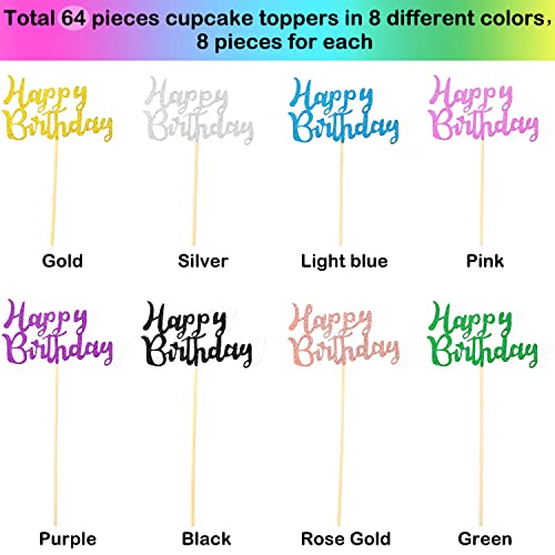 Boao 64 Pieces Birthday Cupcake Toppers with Glitter