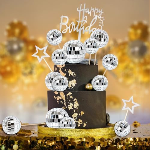 Zaycca 36 pcs Disco Ball Cake Toppers 1970s Party Decorations