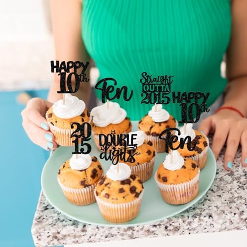 30PCS Black 10th Birthday Cupcake Toppers Glitter