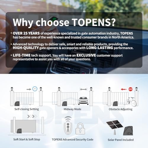 TOPENS DKR1100ST Solar Gate Opener for Heavy Driveway Gates Up to 2600lbs