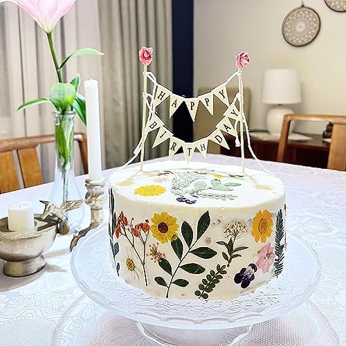 Happy Birthday Cake Bunting Topper with Ivory Wood Pole and Pink Rose