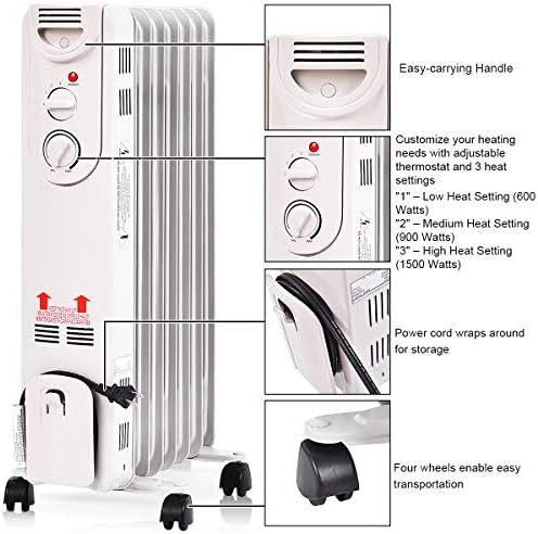 GOFLAME 1500W Oil Filled Radiator Heater with Wheels and Adjustable Thermostat