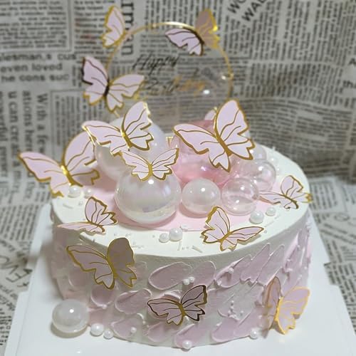 Pink Butterfly Cake Toppers 11pcs Happy Birthday Decorations