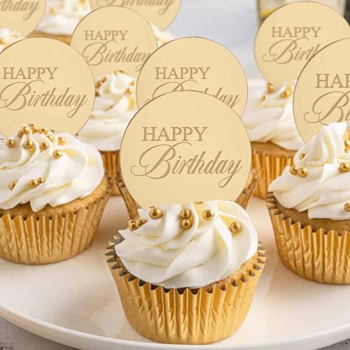 20pcs Gold Mirror Cupcake Toppers with Happy Birthday Design