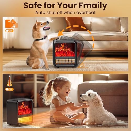 Alpaca Mini Electric Fireplace Heater with Realistic Flame and Thermostat