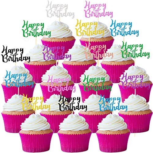 Boao 64 Pieces Birthday Cupcake Toppers with Glitter