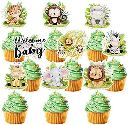 45 Pcs Safari Baby Shower Cupcake Toppers with Jungle Animals