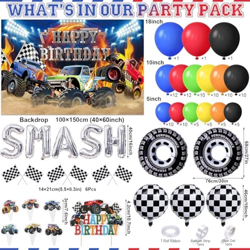 Monster Truck Birthday Decorations 145Pcs Set for Boys