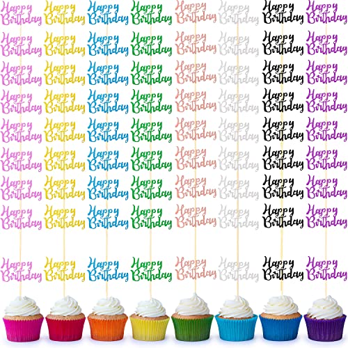 Boao 64 Pieces Birthday Cupcake Toppers with Glitter
