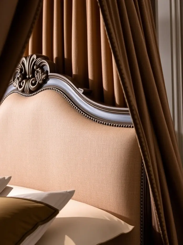 A close-up studio shot of the Elegant Canopy Bed from NEBULONNOVA's Modern Classics collection, showcasing the intricate detailing of the headboard and the luxurious fabric draping the canopy.