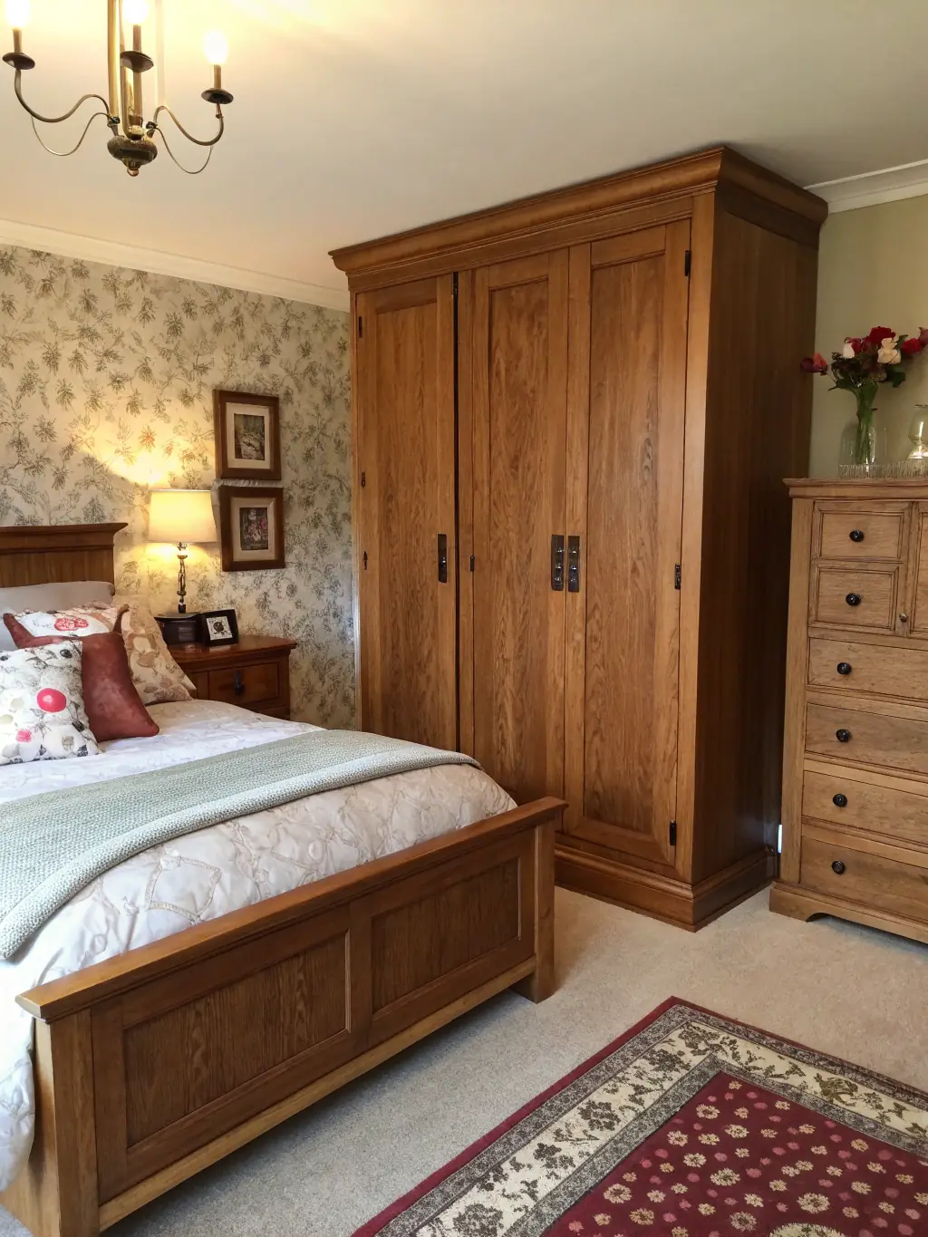 A lifestyle shot of a bedroom featuring the Rustic Wooden Dresser, emphasizing its natural finish and the warm, inviting feel it brings to the space.