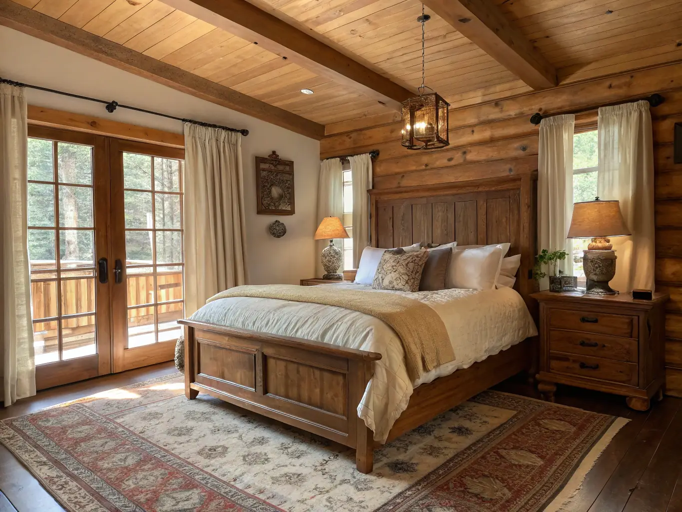 A serene bedroom featuring furniture from the Rustic Elegance collection, including a reclaimed wood bed frame, a rustic wooden dresser, and a cozy armchair, all adorned with soft, natural textiles and ambient lighting.