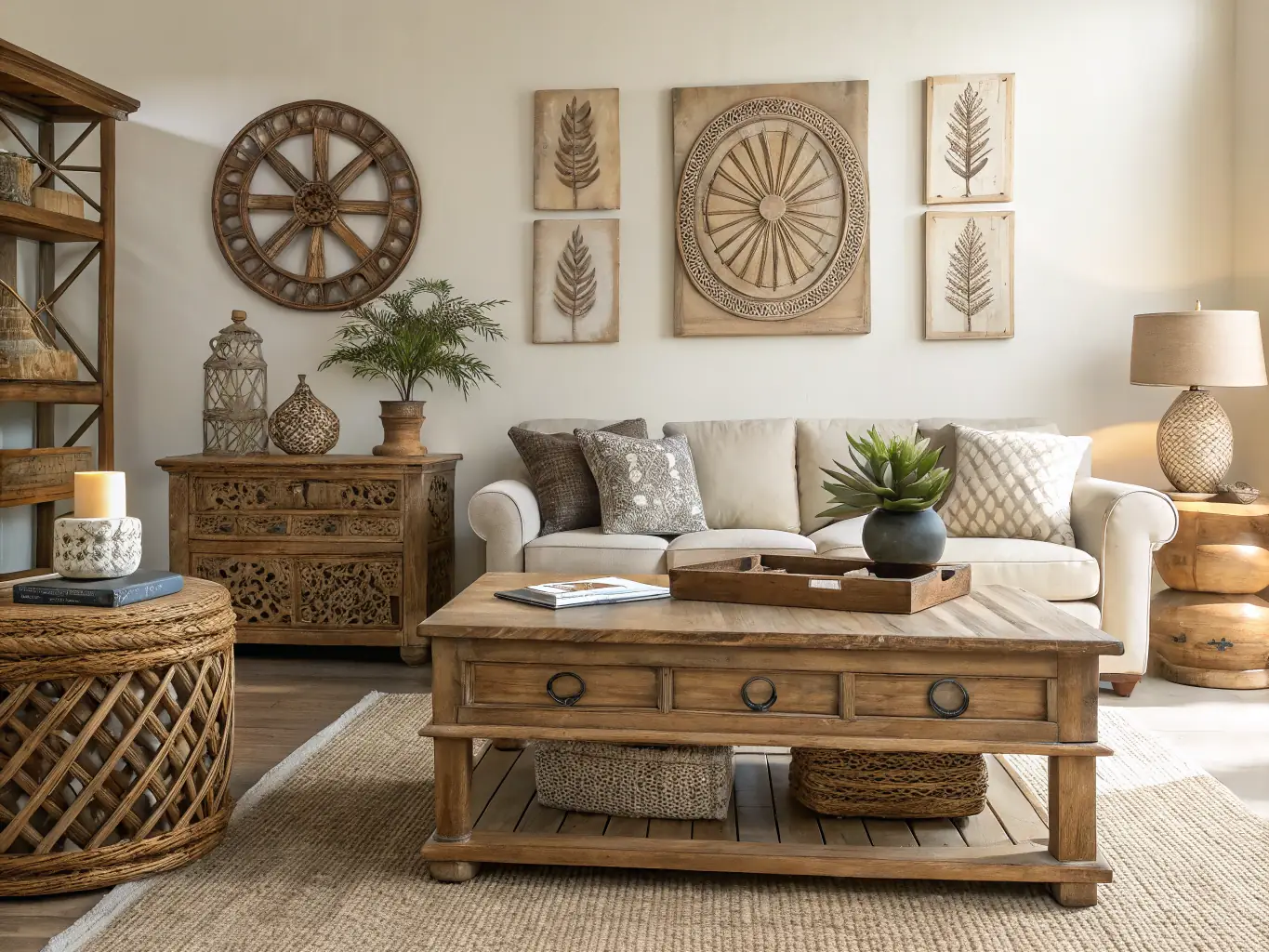 A beautifully styled living room featuring furniture from the Rustic Elegance collection, including a reclaimed wood coffee table, a comfortable linen sofa, and a handwoven rug, all bathed in soft, natural light.