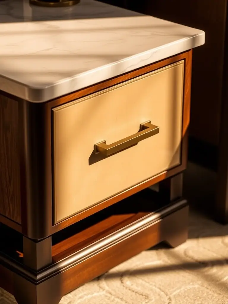 A close-up of the Artisan Nightstand, showcasing the intricate carvings and smooth finish that highlight the handcrafted nature of the piece.